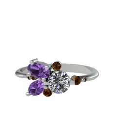 Pırlanta, ametist ve dumanlı kuvars 8 ayar beyaz altın yüzük (0.5 karat)