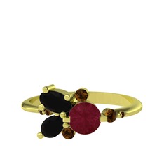 Kök yakut, siyah zirkon ve dumanlı kuvars 925 ayar altın kaplama gümüş yüzük