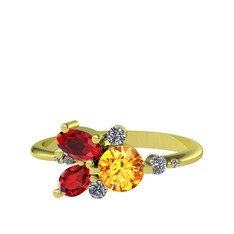 Binx Yüzük - Sitrin, garnet ve beyaz zirkon 925 ayar altın kaplama gümüş yüzük #11332ls