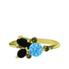 Akuamarin, siyah zirkon ve peridot 14 ayar altın yüzük