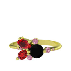 Siyah zirkon, garnet ve pembe kuvars 18 ayar altın yüzük