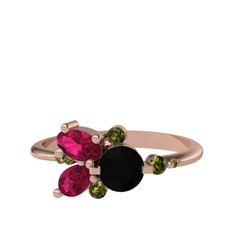 Binx Yüzük - Siyah zirkon, rodolit garnet ve peridot 18 ayar rose altın yüzük #12639ku
