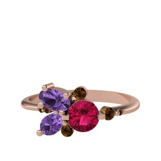 Rodolit garnet, ametist ve dumanlı kuvars 18 ayar rose altın yüzük