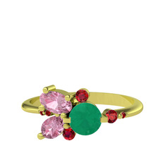 Binx Yüzük - Kök zümrüt, pembe kuvars ve garnet 14 ayar altın yüzük #12ggrg