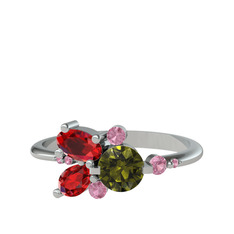 Binx Yüzük - Peridot, garnet ve pembe kuvars 14 ayar beyaz altın yüzük #12s2i1w