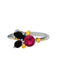 Rodolit garnet, siyah zirkon ve sitrin 8 ayar beyaz altın yüzük