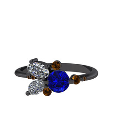Binx Yüzük - Lab safir, beyaz zirkon ve dumanlı kuvars 925 ayar siyah rodyum kaplama gümüş yüzük #13p1yyr