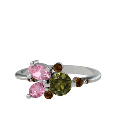 Binx Yüzük - Peridot, pembe kuvars ve dumanlı kuvars 14 ayar beyaz altın yüzük #1416194