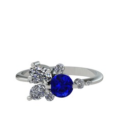Lab safir, beyaz zirkon ve swarovski 8 ayar beyaz altın yüzük
