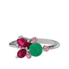 Binx Yüzük - Kök zümrüt, rodolit garnet ve pembe kuvars 14 ayar beyaz altın yüzük #149cn6d