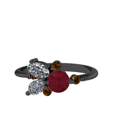 Binx Yüzük - Kök yakut, beyaz zirkon ve dumanlı kuvars 925 ayar siyah rodyum kaplama gümüş yüzük #14fmail