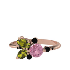 Pembe kuvars, peridot ve siyah zirkon 925 ayar rose altın kaplama gümüş yüzük