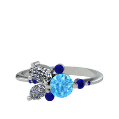 Akuamarin, swarovski ve lab safir 18 ayar beyaz altın yüzük