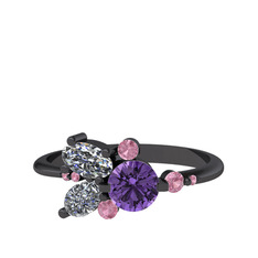 Binx Yüzük - Ametist, swarovski ve pembe kuvars 925 ayar siyah rodyum kaplama gümüş yüzük #16bzoa9