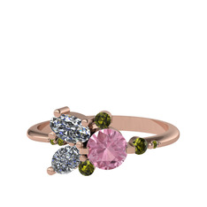 Binx Yüzük - Pembe kuvars, swarovski ve peridot 8 ayar rose altın yüzük #16no3rx