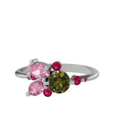 Binx Yüzük - Peridot, pembe kuvars ve rodolit garnet 8 ayar beyaz altın yüzük #16pk39g