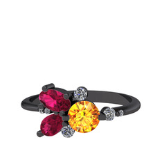 Sitrin, rodolit garnet ve swarovski 925 ayar siyah rodyum kaplama gümüş yüzük