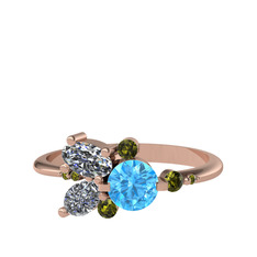 Akuamarin, swarovski ve peridot 8 ayar rose altın yüzük