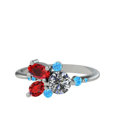 Swarovski, garnet ve akuamarin 8 ayar beyaz altın yüzük