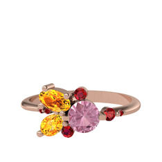Pembe kuvars, sitrin ve garnet 14 ayar rose altın yüzük