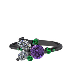 Ametist, swarovski ve yeşil kuvars 925 ayar siyah rodyum kaplama gümüş yüzük