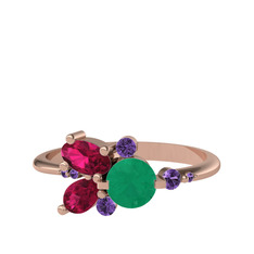 Kök zümrüt, rodolit garnet ve ametist 925 ayar rose altın kaplama gümüş yüzük