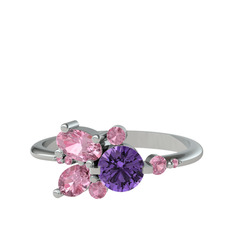 Ametist ve pembe kuvars 18 ayar beyaz altın yüzük