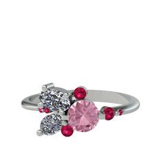 Binx Yüzük - Pembe kuvars, swarovski ve rodolit garnet 18 ayar beyaz altın yüzük #1a5vhl7