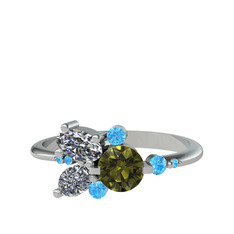 Peridot, swarovski ve akuamarin 8 ayar beyaz altın yüzük