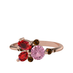 Pembe kuvars, garnet ve dumanlı kuvars 18 ayar rose altın yüzük