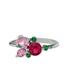 Rodolit garnet, pembe kuvars ve yeşil kuvars 18 ayar beyaz altın yüzük