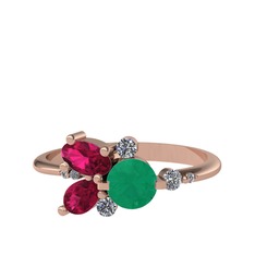 Binx Yüzük - Kök zümrüt, rodolit garnet ve swarovski 14 ayar rose altın yüzük #1as0ine