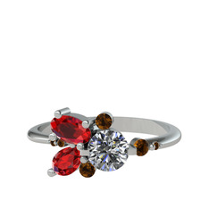 Binx Yüzük - Beyaz zirkon, garnet ve dumanlı kuvars 14 ayar beyaz altın yüzük #1av5k1r