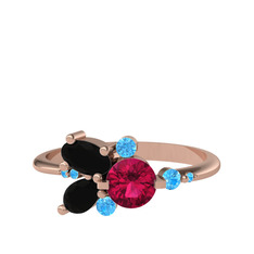 Binx Yüzük - Rodolit garnet, siyah zirkon ve akuamarin 925 ayar rose altın kaplama gümüş yüzük #1bodbed