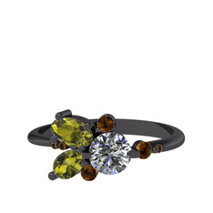 Binx Yüzük - Pırlanta, peridot ve dumanlı kuvars 925 ayar siyah rodyum kaplama gümüş yüzük (0.5 karat) #1c02ql9