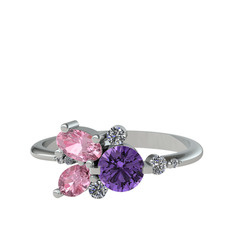 Ametist, pembe kuvars ve beyaz zirkon 8 ayar beyaz altın yüzük