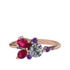 Binx Yüzük - Pırlanta, rodolit garnet ve ametist 18 ayar rose altın yüzük (0.5 karat) #1cg4yxr