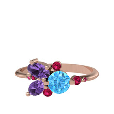 Akuamarin, ametist ve rodolit garnet 14 ayar rose altın yüzük