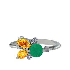 Binx Yüzük - Kök zümrüt, sitrin ve swarovski 14 ayar beyaz altın yüzük #1czfi9h