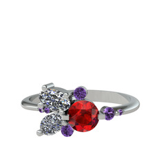 Garnet, swarovski ve ametist 8 ayar beyaz altın yüzük