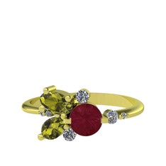 Kök yakut, peridot ve beyaz zirkon 14 ayar altın yüzük