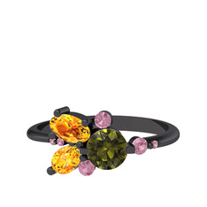 Binx Yüzük - Peridot, sitrin ve pembe kuvars 925 ayar siyah rodyum kaplama gümüş yüzük #1f6ir7t