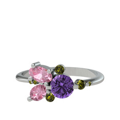 Ametist, pembe kuvars ve peridot 8 ayar beyaz altın yüzük