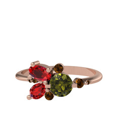 Peridot, garnet ve dumanlı kuvars 18 ayar rose altın yüzük