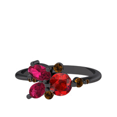 Binx Yüzük - Garnet, rodolit garnet ve dumanlı kuvars 925 ayar siyah rodyum kaplama gümüş yüzük #1g8vfh5