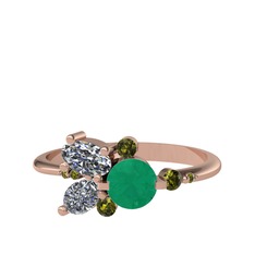 Kök zümrüt, beyaz zirkon ve peridot 18 ayar rose altın yüzük