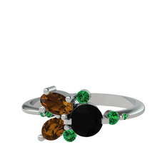 Binx Yüzük - Siyah zirkon, dumanlı kuvars ve yeşil kuvars 8 ayar beyaz altın yüzük #1i34qbo
