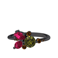 Binx Yüzük - Peridot, rodolit garnet ve dumanlı kuvars 925 ayar siyah rodyum kaplama gümüş yüzük #1id7d6j