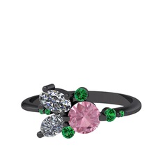 Pembe kuvars, swarovski ve yeşil kuvars 925 ayar siyah rodyum kaplama gümüş yüzük