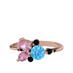 Akuamarin, pembe kuvars ve siyah zirkon 8 ayar rose altın yüzük